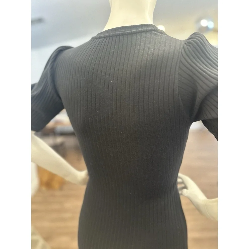 ZARA Black Dress Women Size M/6/8 Ribbed Knit Puff Sleeve Bodycon Sweater Fitted